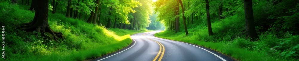 Obraz premium Sweeping asphalt curves amidst lush green summer woods, nature, sun