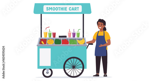 Vector Illustration of Smoothie Cart with Fruits and Vendor in Modern Flat Style