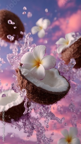 Crystalline Coconut Splash with Plumeria Flowers Against a Purple Twilight Sky.