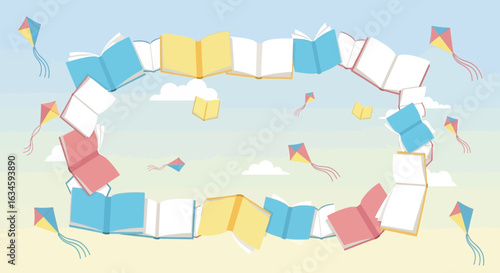 Colorful open books and kites floating in a whimsical sky background perfect for education related