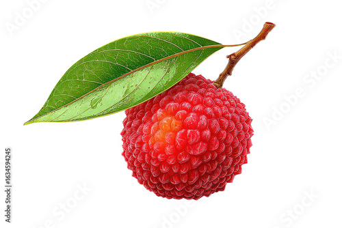 Close-up of a lychee fruit with leaf.  Vibrant red lychee, bumpy texture, attached to a stem with a green leaf.  Fresh, detailed illustration
