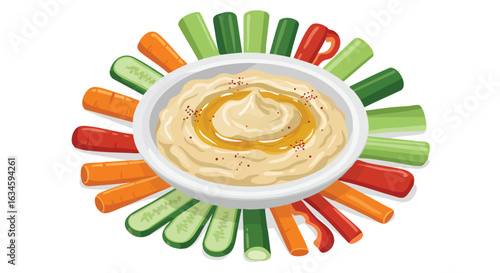 Vector Illustration of Hummus with Vegetable Garnish in Modern Style Featuring Bright Colors and Symmetrical Composition