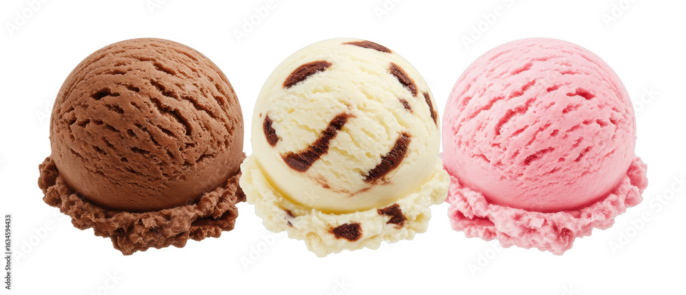 Fototapeta premium Triple scoops of chocolate, vanilla, and strawberry ice cream. Cut out PNG