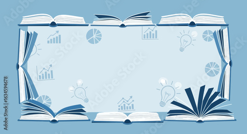 Conceptual education background with open books, light bulbs and diagrams, educational literature