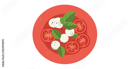 Minimalist Vector Food Illustration of Tomato Mozzarella Caprese with Green Basil Leaves in Modern Style