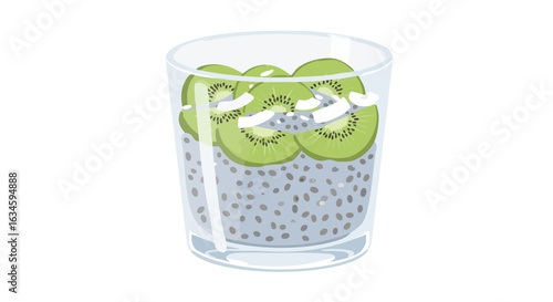 Vector Illustration of Chia Seed Drink with Kiwi Slices in Modern Minimalist Style Featuring Bright Green and Gray Colors