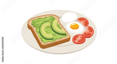 Vector Illustration of Breakfast Plate with Toast Avocado Egg and Tomato in Modern Minimalist Style