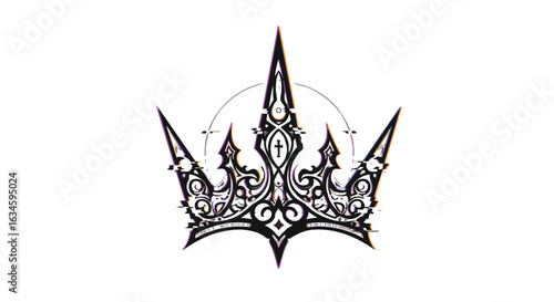 Vector Crown Illustration in Gothic Style with Intricate Ornamentation and Symmetrical Design in Black and White Colors