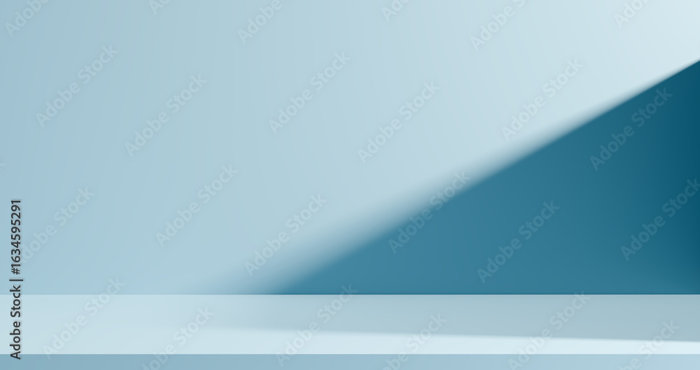 Obraz premium Clean serene blue product display background with diagonal shadow, ideal for showcasing cosmetics, wellness items, or modern product photography in a calming, minimalist scene.
