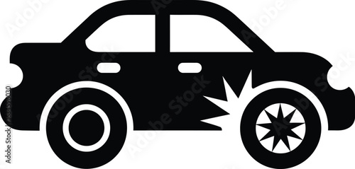 Car Accident Icon Vector – Damaged Wheel, Tire Burst, Puncture, Flat Tire, Roadside Breakdown, Vehicle Repair, Transparent Background.