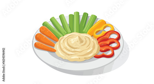 Vector Food Platter Illustration of Fresh Vegetables with Hummus in Modern Minimalist Style in Bright Colors