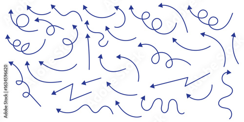 Hand drawn arrows icon set. Sketch curved arrows design. Arrow handmade. Doodle arrows of varios shapes and directions. Pointer and cursor icons.