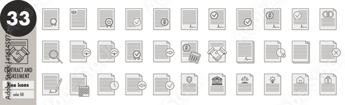 Contract, agreement, policy - thin line icons set with light gray fill. Insurance, mortgage, certificate, loan, lease, bank statement, signature, notary, document, confirmation, vector illustration