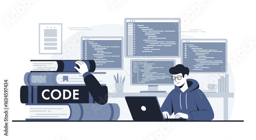 Dedicated software developer immersed in coding with books and multiple screens