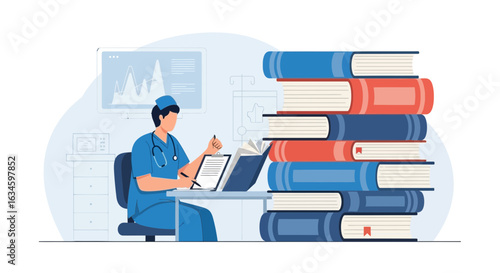 Doctor reviewing patient data and medical literature for professional development and patient