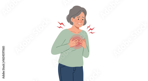 Vector Illustration of Elderly Woman with Heart Pain in Minimalist Style Featuring Soft Colors and Symmetrical Composition for Healthcare and Wellness Design