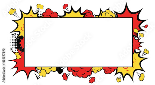 Dynamic comic book explosion frame with vibrant colors and halftone effects