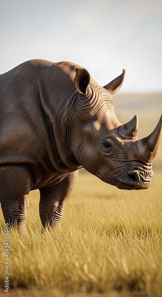 Fototapeta premium Rhinoceros standing majestically in a vast grassland under a clear sky at sunset