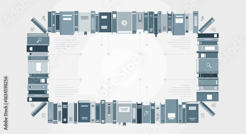 Conceptual illustration of information exchange surrounded by books and documents