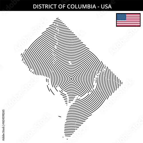 Geographical map outline of District of Columbia with USA flag