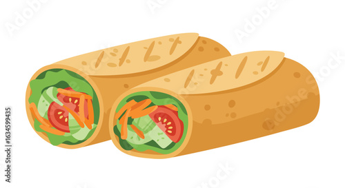Vector Food Wrap Illustration of Burrito with Fresh Vegetables in Modern Minimalist Style Featuring Bright Colors