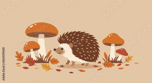 Vector Illustration of Hedgehog with Mushrooms and Autumn Leaves in Minimalist Organic Style