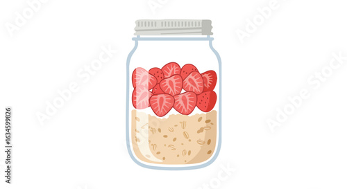Minimalist Vector Illustration of Jar with Strawberries and Oatmeal in Modern Organic Style with Red and Beige Colors