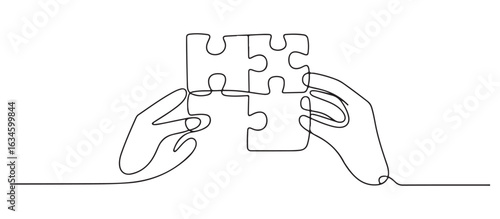 Vector illustration of hands connecting a puzzle piece, symbolizing teamwork and problem-solving.