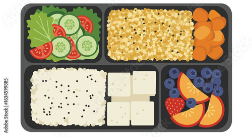 Vector Illustration of Bento Box with Fresh Vegetables Fruits and Grain in Modern Minimalist Style Bright Color Palette
