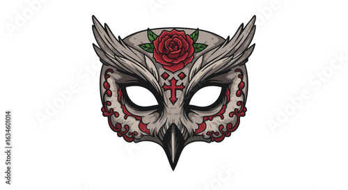 Vector Illustration of Gothic Owl Mask with Red Rose and Cross in Dark Artistic Style for Tattoo and Logo Design