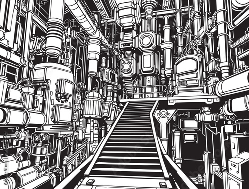 Factory, technical room, futurism, industry, equipment, mechanisms. Hand drawn vector illustration	