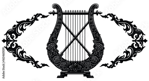 Elegant Floral Vector Illustration of a Lyre with Ornamental Flourishes in Vintage Style
