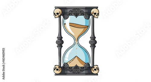 Vintage Ornate Hourglass Vector Illustration with Skull Accents in Gothic Style for Dark Themed Design