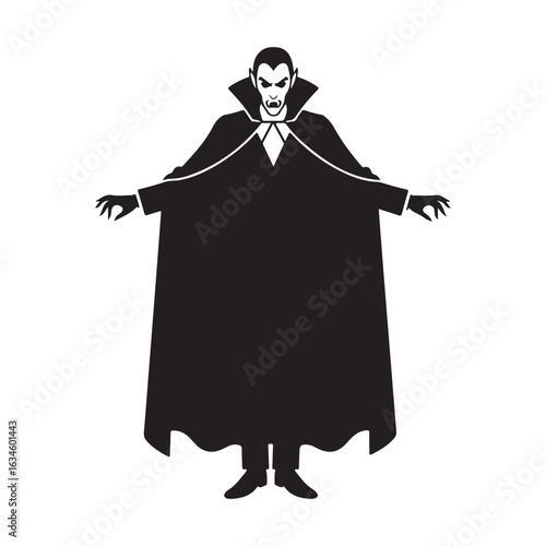 Classic Vampire in Black Cape Spreading Arms Ready to Haunt on Halloween Night Illustration