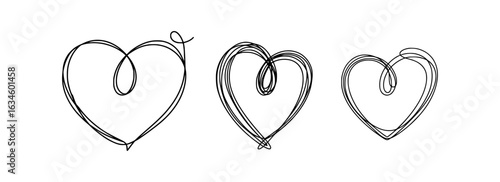 Three black line art hearts on white background love symbol