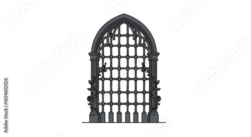 Vintage Gothic Arched Gate Vector Illustration with Ornate Ironwork Style in Monochrome Color Scheme