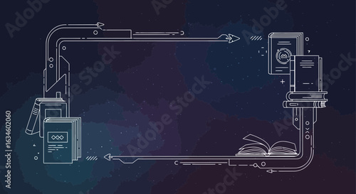 Elegant frame with books and cosmic background ideal for educational projects