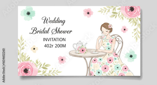 Elegant wedding bridal shower invitation card design with flowers and charming illustration