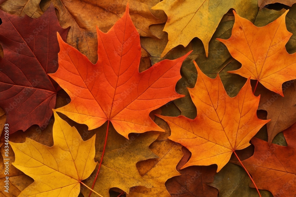 Fototapeta premium Vibrant autumn maple leaves scattered.