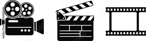 Movie and cinema vector icon set with camera, clapperboard, and filmstrip
