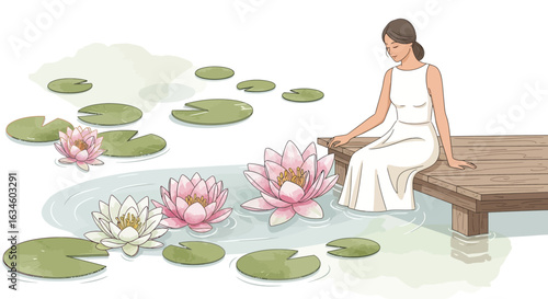 Elegant woman in a white dress sitting peacefully by a pond with water lilies