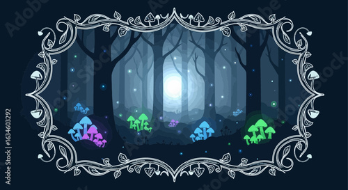Enchanted Forest Glade with Glowing Mushrooms and Decorative Vine Border Art