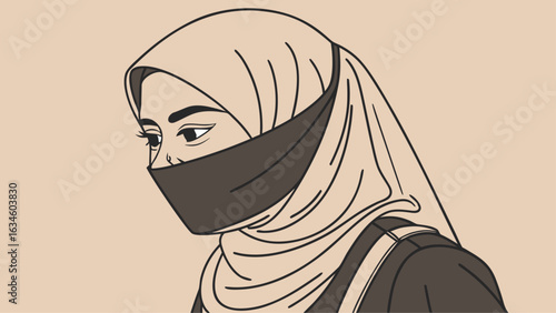 A woman in a hijab, a graphic illustration of a muslim woman in traditional clothing and headscarf, a symbol of faith
