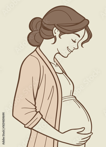 Vector illustration of a happy pregnant woman gently holding her belly, symbolizing motherhood, maternity care, love, and anticipation, isolated on a neutral background.