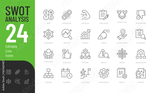 Swot Analysis Editable Icons set. Vector illustration in modern thin line style of planning related icons: analysis, opportunity, treat, and more. Isolated on transparent background.