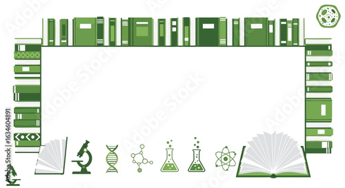 Green science and education background frame with books and scientific elements