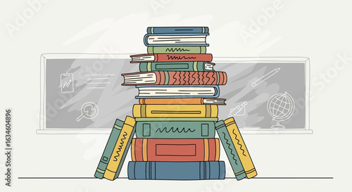 Hand-drawn books piled in front of blackboard depicting education and knowledge