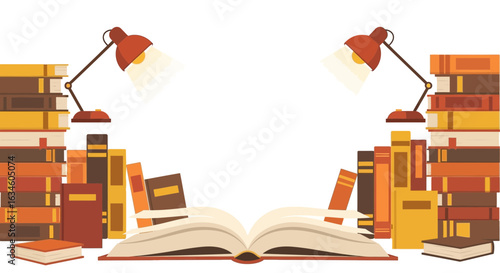 Illustration depicting an open book surrounded by stacks of books and lamps
