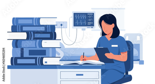 Illustration of a focused female nurse studying in a hospital environment busy at work