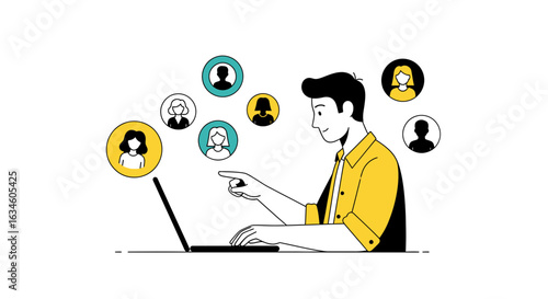 Illustration of a man connecting with diverse profiles online using a laptop